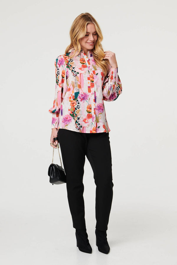 Pink | Abstract Floral Long Puff Sleeve Shirt

