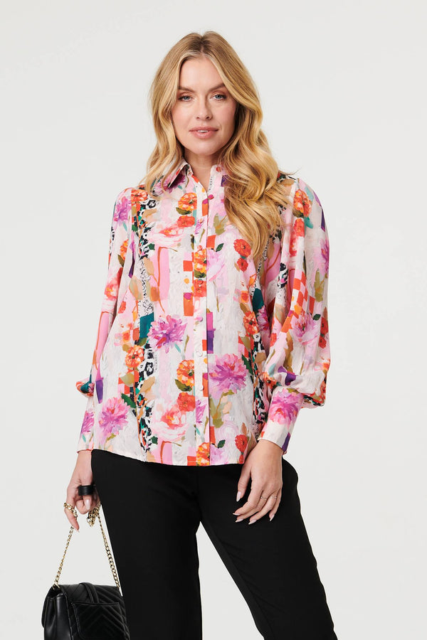 Pink | Abstract Floral Long Puff Sleeve Shirt
