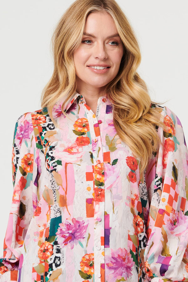 Pink | Abstract Floral Long Puff Sleeve Shirt
