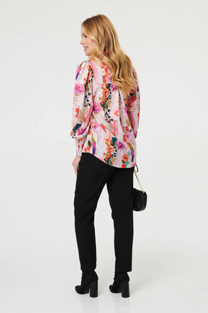Pink | Abstract Floral Long Puff Sleeve Shirt
