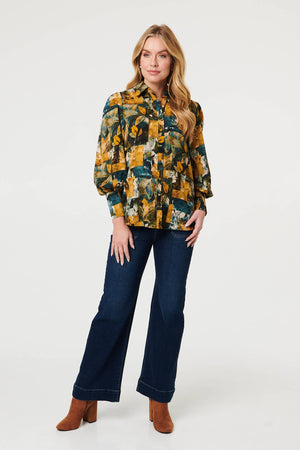 Teal | Leaf Print Puff Sleeve Relaxed Shirt
