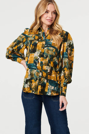 Teal | Leaf Print Puff Sleeve Relaxed Shirt
