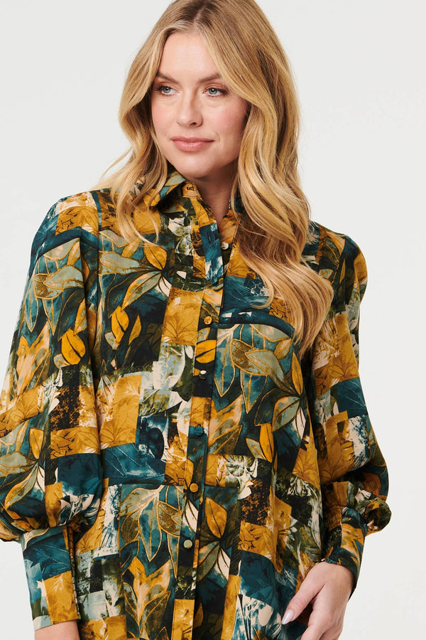 Teal | Leaf Print Puff Sleeve Relaxed Shirt
