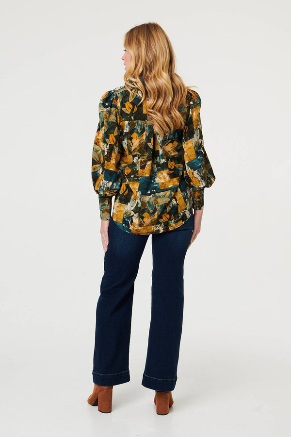 Teal | Leaf Print Puff Sleeve Relaxed Shirt
