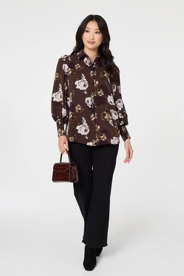 Brown | Floral Balloon Sleeve Semi Sheer Shirt

