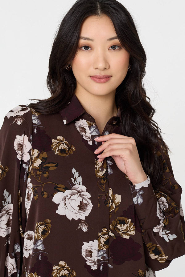 Brown | Floral Balloon Sleeve Semi Sheer Shirt
