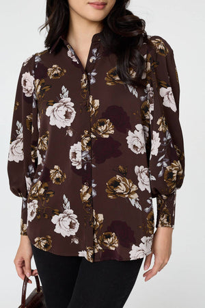 Brown | Floral Balloon Sleeve Semi Sheer Shirt
