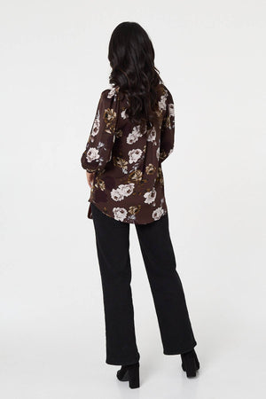 Brown | Floral Balloon Sleeve Semi Sheer Shirt
