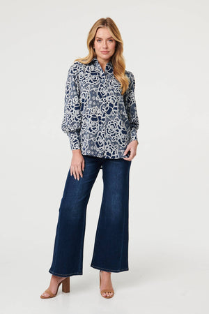 Navy | Floral Abstract Long Sleeve Shirt
