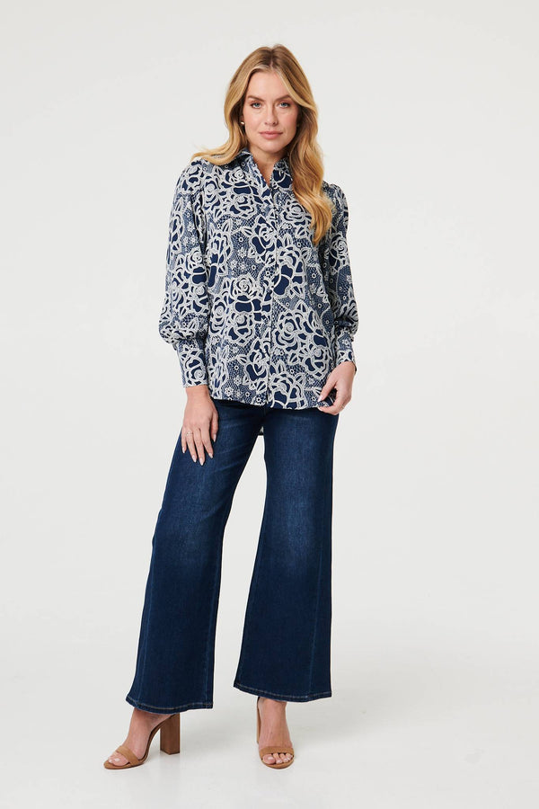 Navy | Floral Abstract Long Sleeve Shirt
