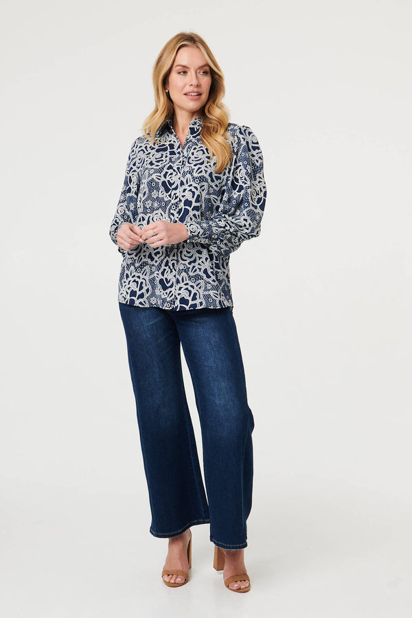 Navy | Floral Abstract Long Sleeve Shirt

