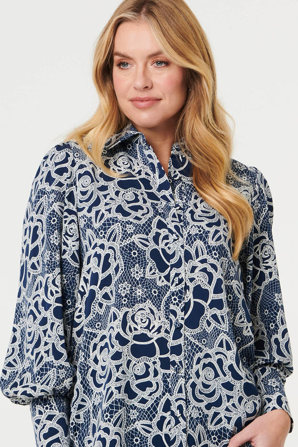 Navy | Floral Abstract Long Sleeve Shirt
