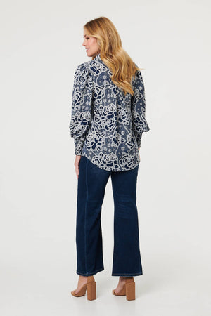 Navy | Floral Abstract Long Sleeve Shirt
