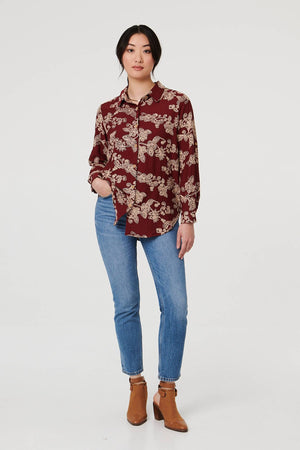 Burgundy | Floral Embroidered Long Sleeve Blouse
