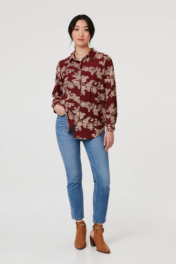 Burgundy | Floral Embroidered Long Sleeve Blouse
