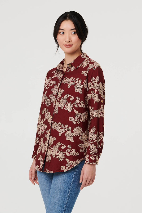 Burgundy | Floral Embroidered Long Sleeve Blouse
