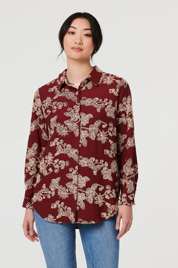 Burgundy | Floral Embroidered Long Sleeve Blouse : Model is 5'9"/175 cm and wears UK8/EU36/US4/AUS8
