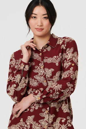 Burgundy | Floral Embroidered Long Sleeve Blouse
