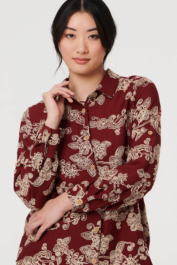 Burgundy | Floral Embroidered Long Sleeve Blouse
