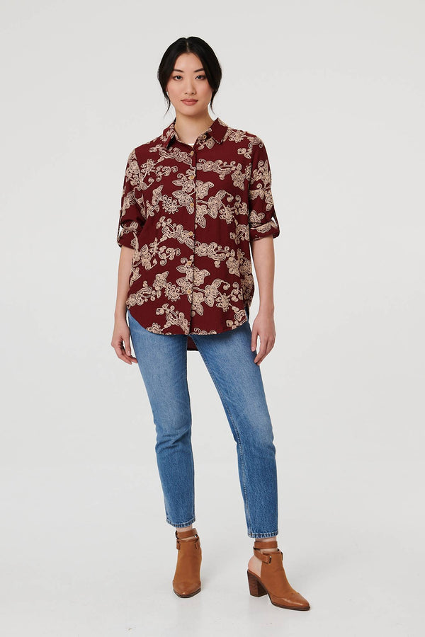 Burgundy | Floral Embroidered Long Sleeve Blouse
