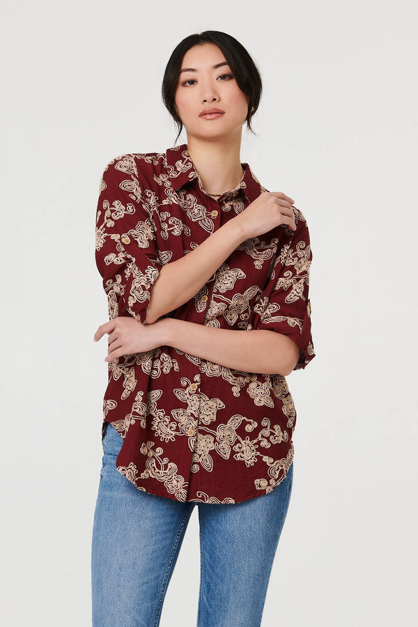 Burgundy | Floral Embroidered Long Sleeve Blouse
