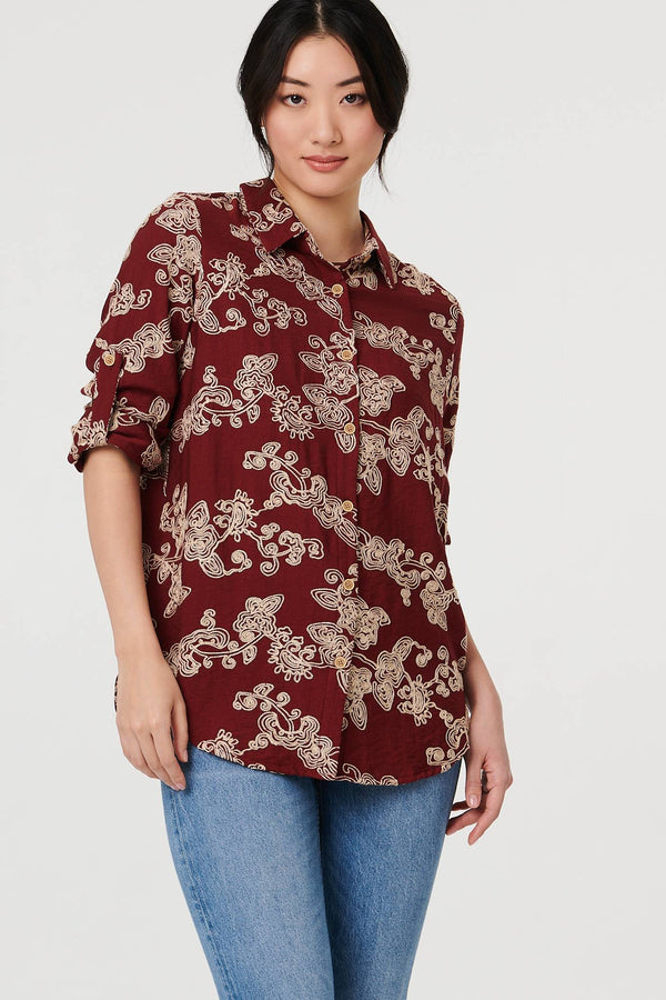 Burgundy | Floral Embroidered Long Sleeve Blouse
