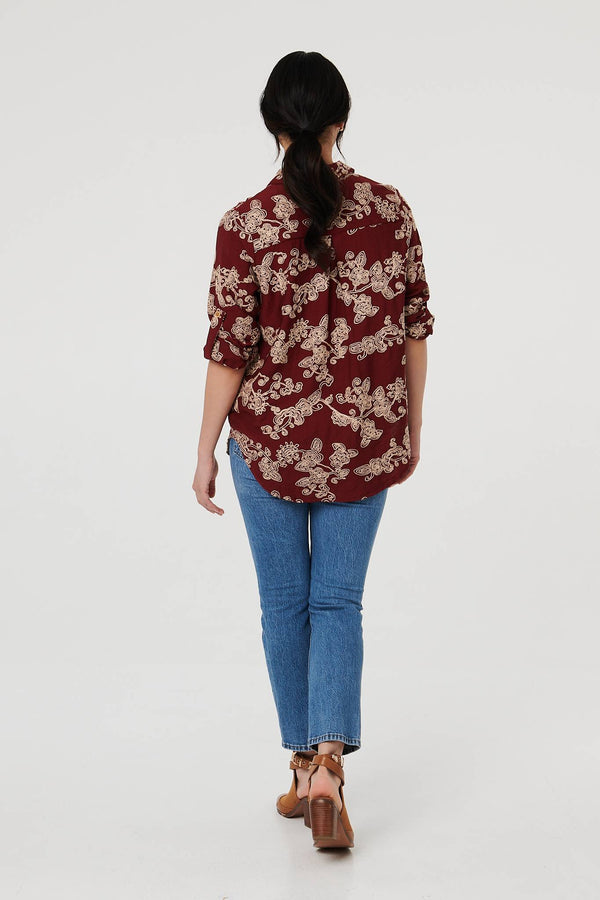 Burgundy | Floral Embroidered Long Sleeve Blouse
