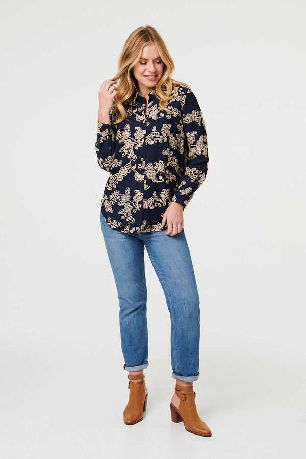 Navy | Floral Embroidered Long Sleeve Blouse
