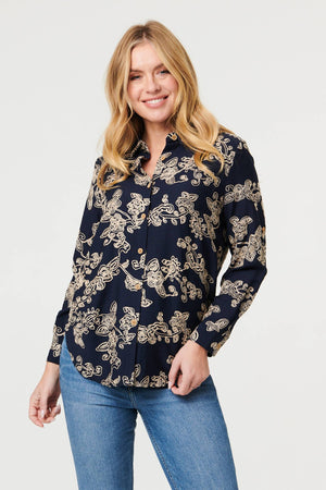 Navy | Floral Embroidered Long Sleeve Blouse
