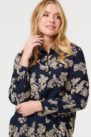 Navy | Floral Embroidered Long Sleeve Blouse
