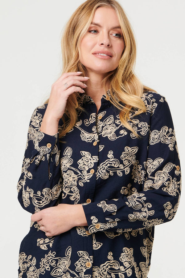Navy | Floral Embroidered Long Sleeve Blouse
