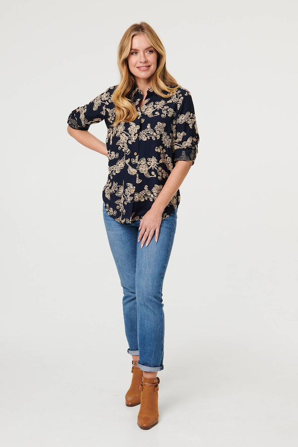 Navy | Floral Embroidered Long Sleeve Blouse
