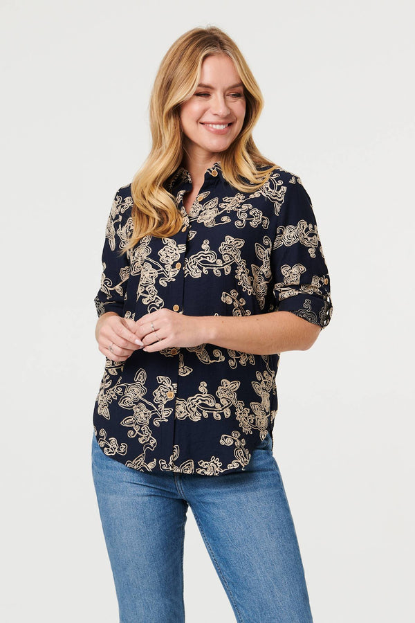 Navy | Floral Embroidered Long Sleeve Blouse : Model is 5'10"/178 cm and wears UK8/EU36/US4/AUS8