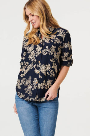 Navy | Floral Embroidered Long Sleeve Blouse
