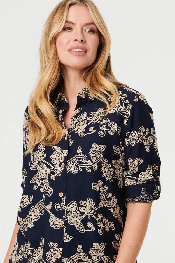 Navy | Floral Embroidered Long Sleeve Blouse

