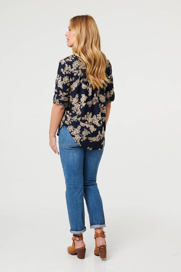 Navy | Floral Embroidered Long Sleeve Blouse
