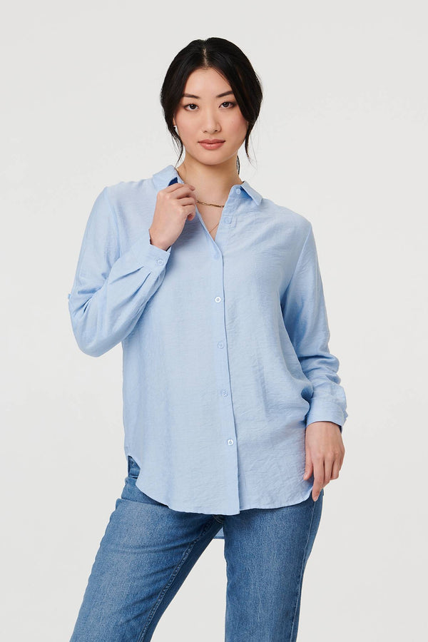 Blue | Long Sleeve Button-Front Shirt : Model is 5'9"/175 cm and wears UK8/EU36/US4/AUS8