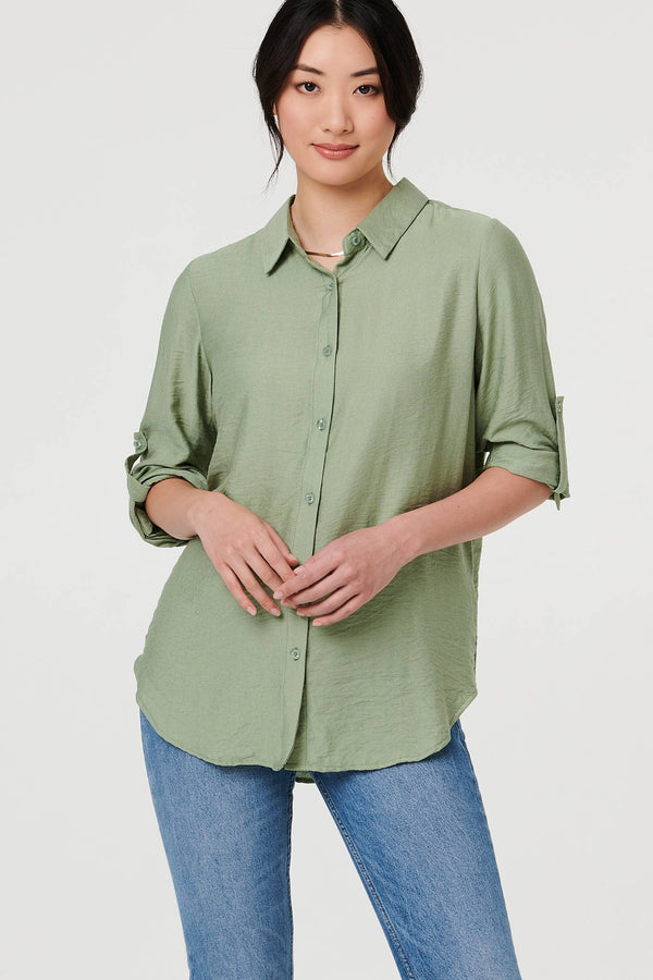 Sage | Long Sleeve Button-Front Shirt : Model is 5'9"/175 cm and wears UK8/EU36/US4/AUS8