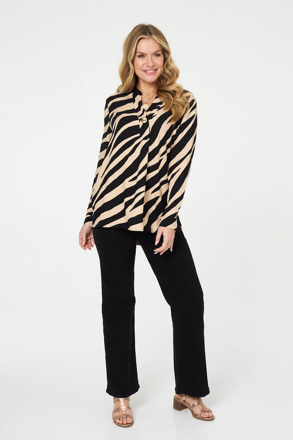 Black | Zebra Print Long Sleeve Slim Blouse