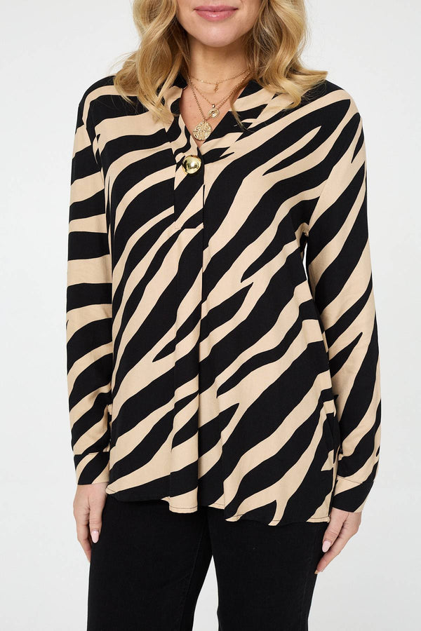 Black | Zebra Print Long Sleeve Slim Blouse