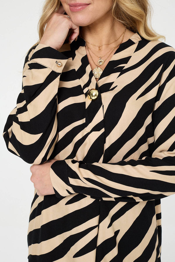 Black | Zebra Print Long Sleeve Slim Blouse