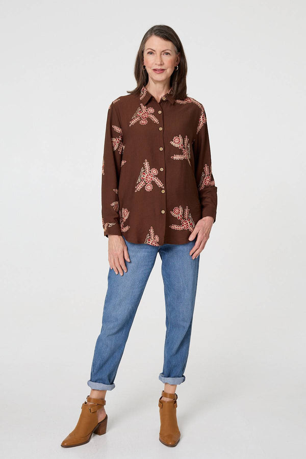 Brown | Floral Stitch Detail Long Sleeve Shirt
