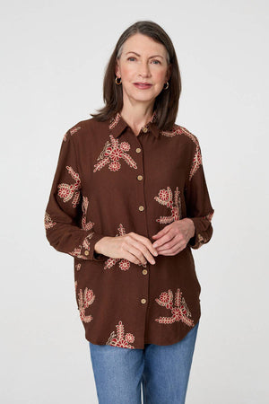 Brown | Floral Stitch Detail Long Sleeve Shirt
