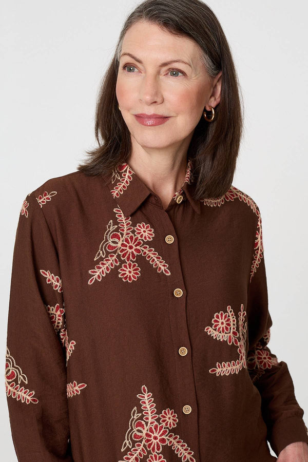 Brown | Floral Stitch Detail Long Sleeve Shirt
