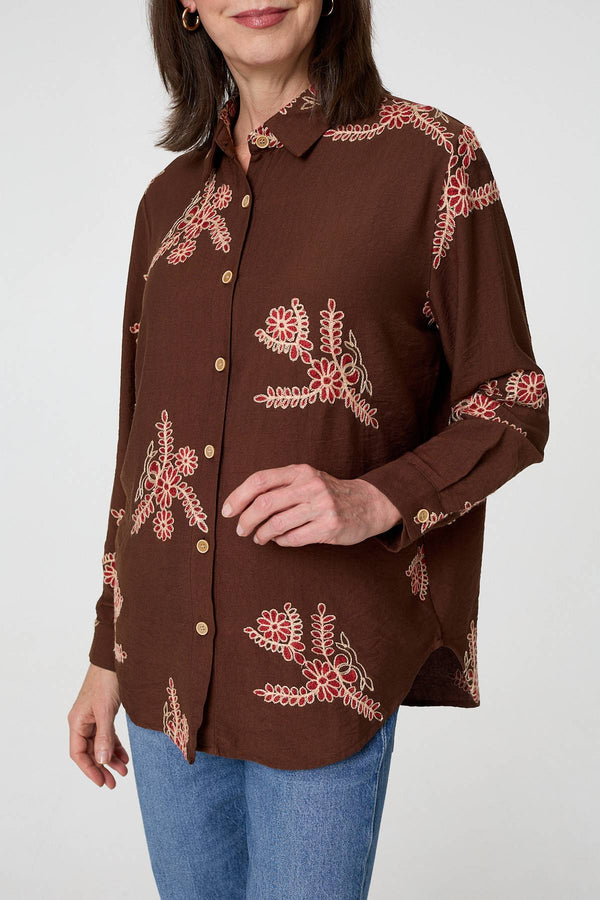 Brown | Floral Stitch Detail Long Sleeve Shirt
