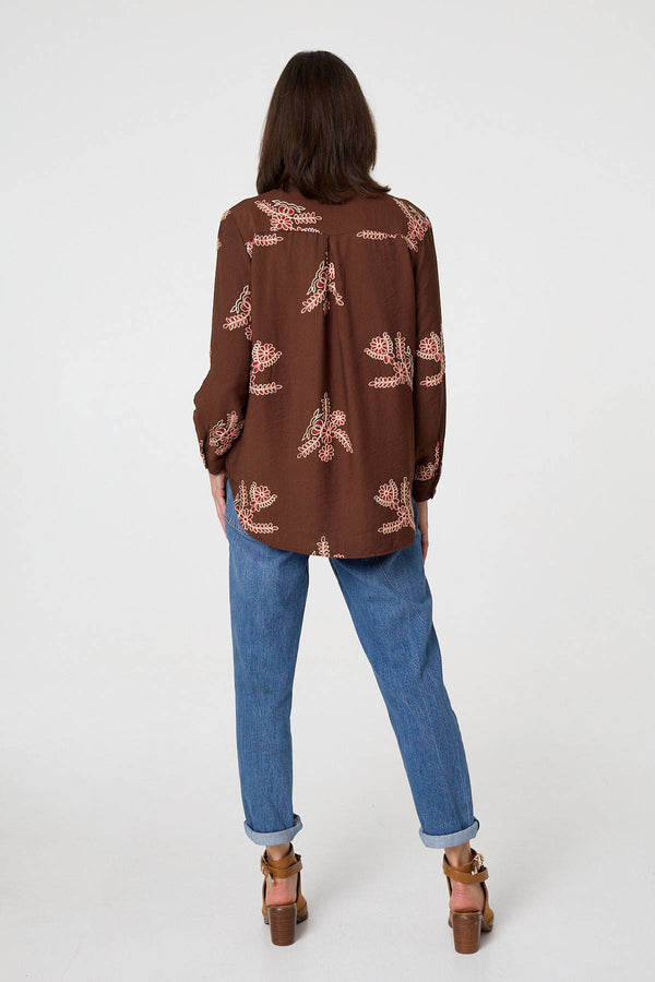 Brown | Floral Stitch Detail Long Sleeve Shirt
