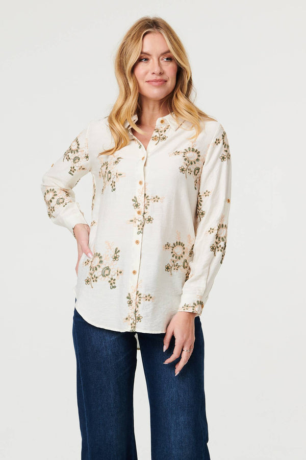 Cream | Embroidered Floral Long Sleeve Shirt