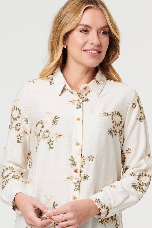 Cream | Embroidered Floral Long Sleeve Shirt