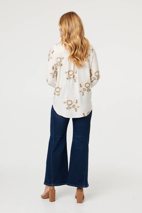 Cream | Embroidered Floral Long Sleeve Shirt