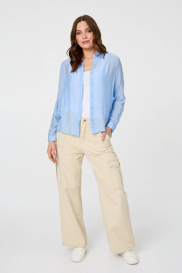Blue | Semi Sheer Layered Long Sleeve Shirt